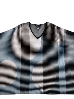 Ming Wang Textured Knit Poncho in Blue, Black & White Stripe